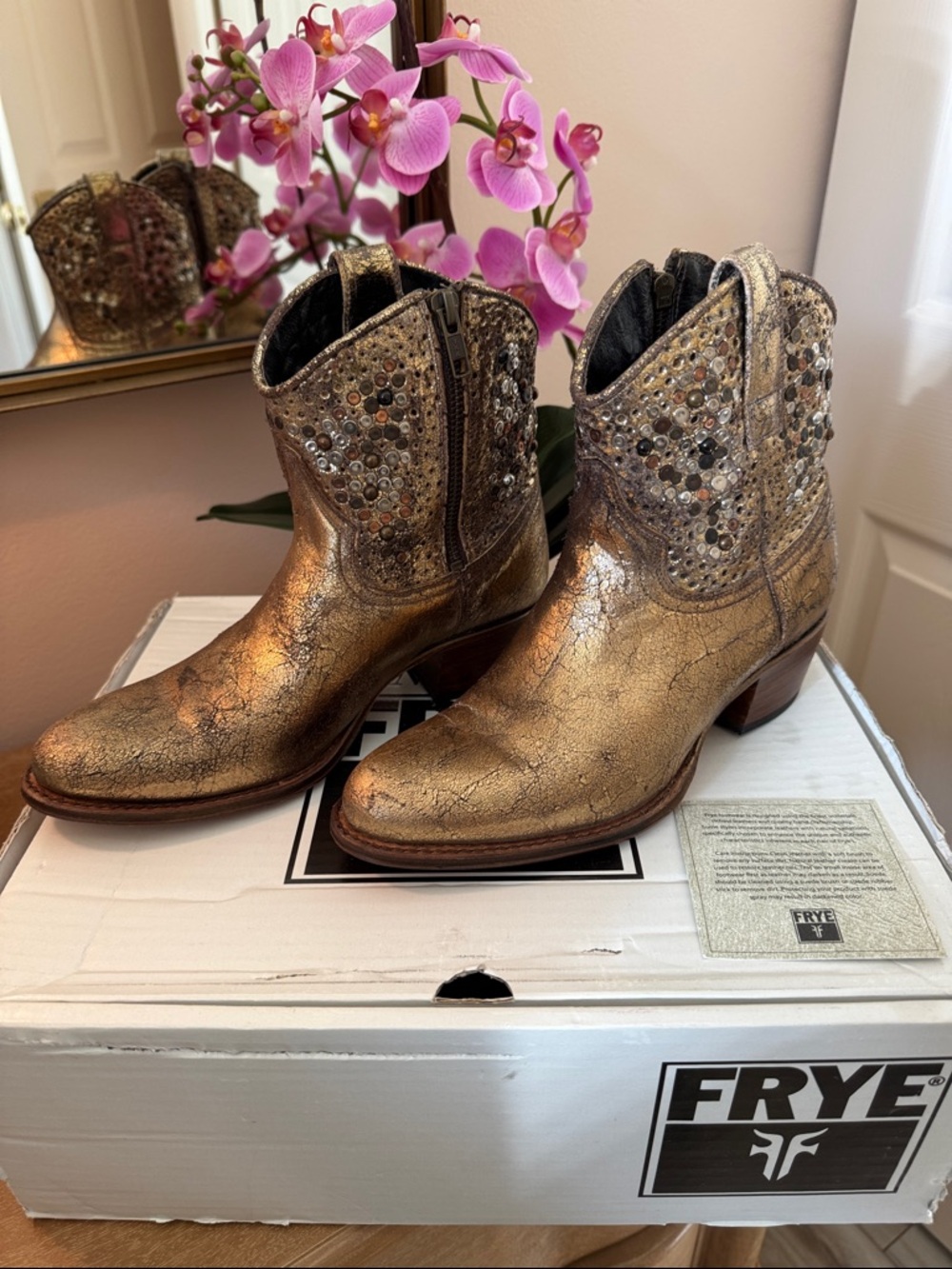 Antique Distressed Gold, Embellished Frye ankle boots.